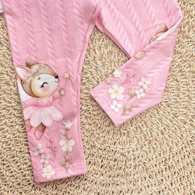 Conj. Colete Puffer Flores, Blusa Raposa Fadinha e Calça Legging - Pink e Off White